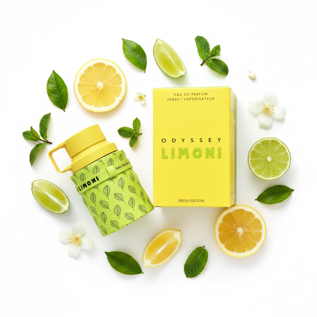 Armaf Odyssey Limoni Fresh Edition fondo blanco con limón y hojas verdes