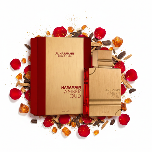 Al Haramain Amber Oud Rouge fondo blanco con rosas rojas y cristales ámbar